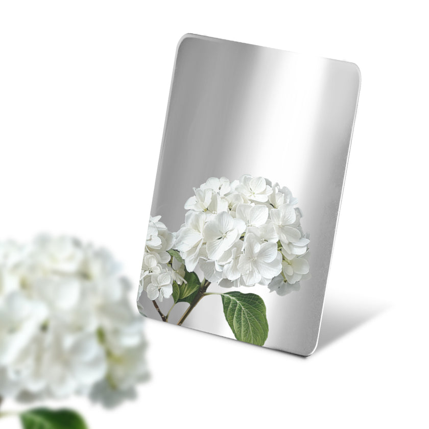 Stainless Steel Color Sample Mirror Polished Silver with a reflection of white flower on a white background.