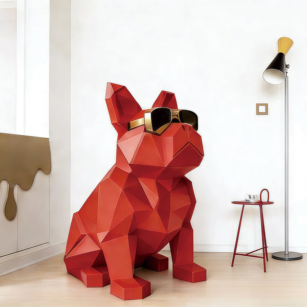Geometric Red Bulldog Fiberglass Sculpture With Sunglasses in a modern room.
