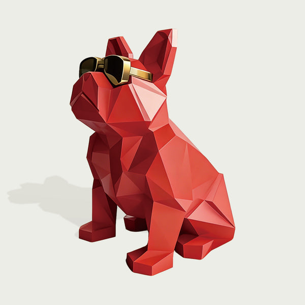 Geometric Red Bulldog Fiberglass Sculpture With Sunglasses on a white background
