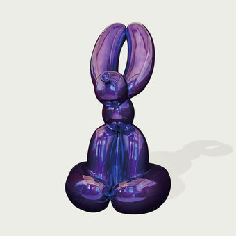 Pop-Art Rabbit Fiberglass Sculpture In Metallic Purple on a light gray background