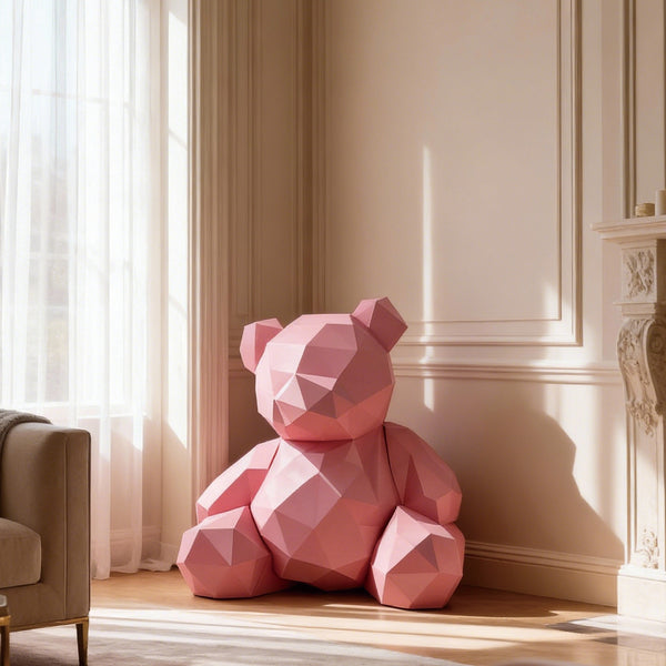 Geometric Pink Bear Fiberglass Sculpture in a luxury room with a window and furniture.