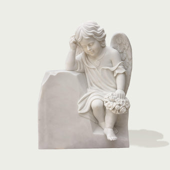 Classic cherub resting angel marble statue for cemetry memorials on a white background