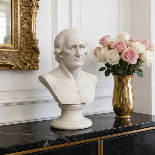Founding father Benjamin Hawkins marble bust sculpture with a vase of flowers and ornate mirror.