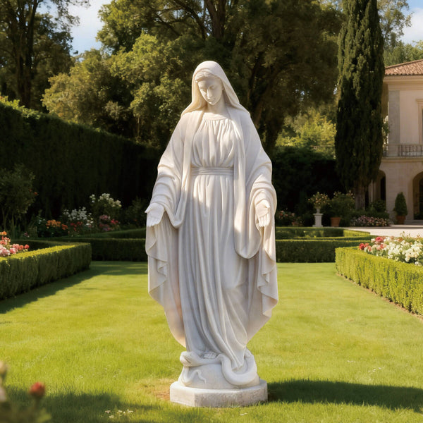 Our Lady Of Grace Virgin Mary Marble Statue in a garden setting with trees and flowers.
