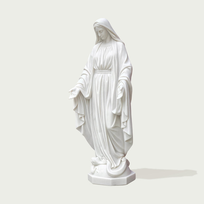 Our Lady Of Grace Virgin Mary Marble Statue on a white background