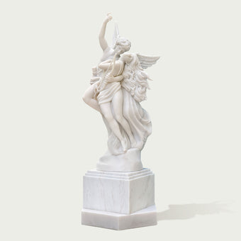 Romantic cupid and psyche marble statue replica on a white background