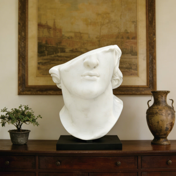 fragmented marble bust head sculpture on a wooden dresser with a painting and vase in the background