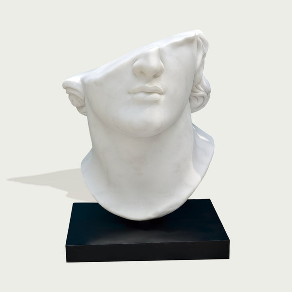 fragmented marble bust head sculpture on a black base against a light gray background