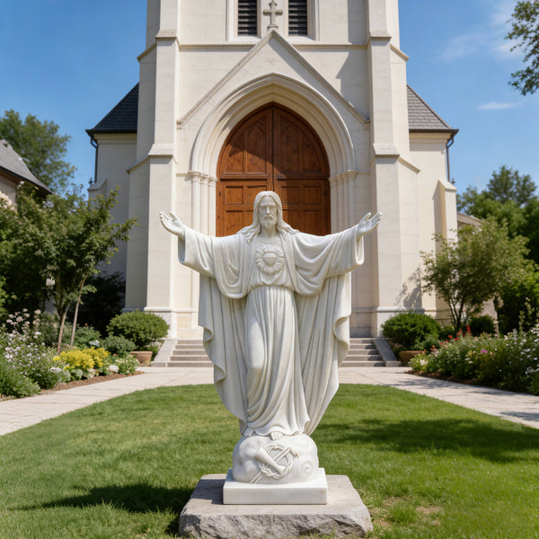 Serene Marble Sacred Heart Jesus Statue in front of a church entrance with a clear blue sky.