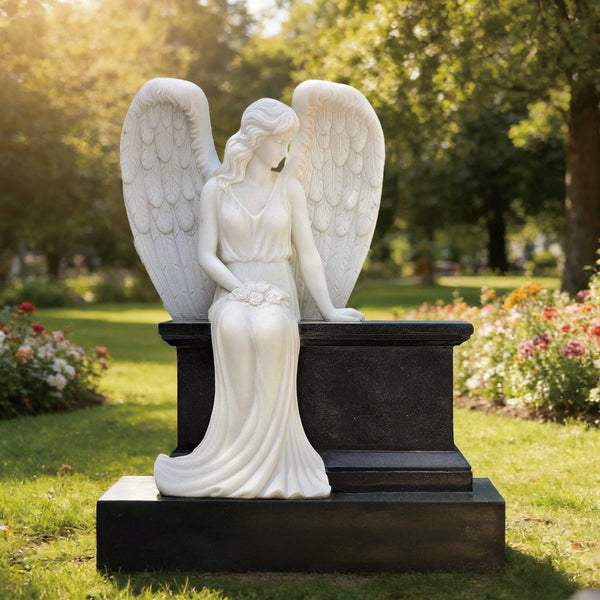 Peaceful Guardian Angel Marble Statue Monument For Private Estates
on a pedestal in a garden with flowers and trees.