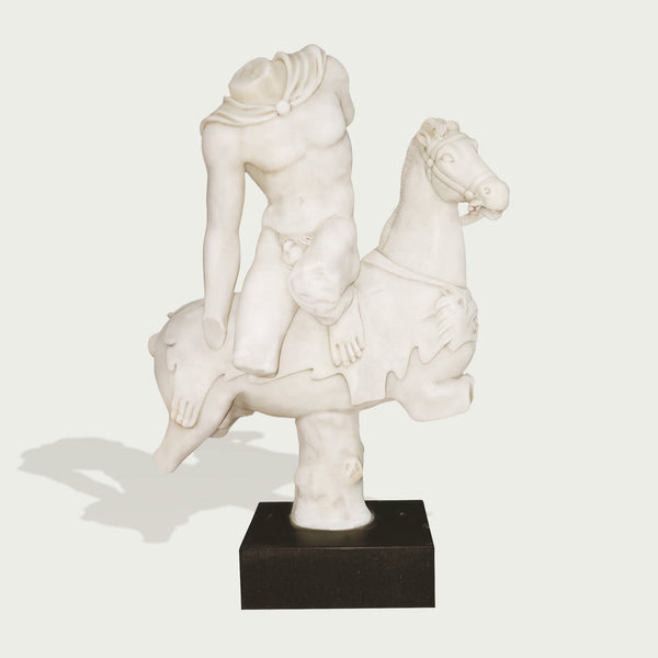 Fragmented Classical Male Equestrian Marble Statue  on a black base against a white background