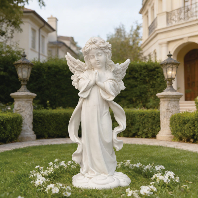 Standing Praying Child Angel Marble Statue  in a garden setting with a house in the background