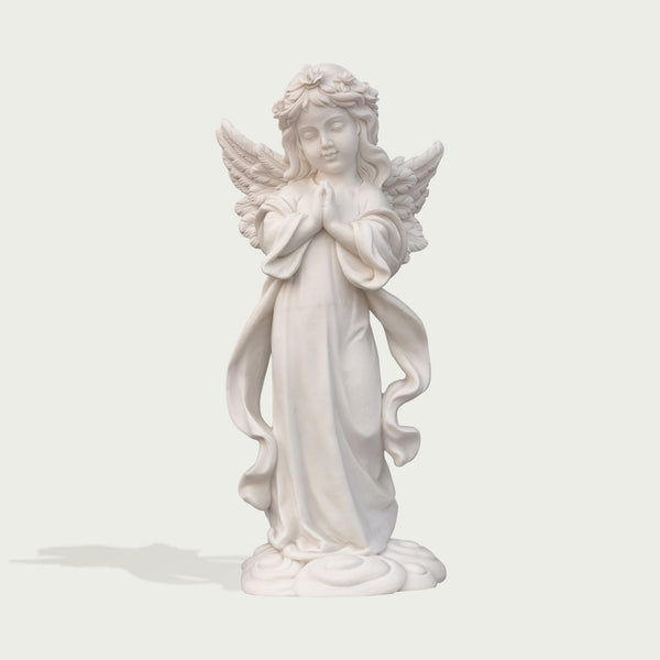 Standing Praying Child Angel Marble Statue on a light gray background