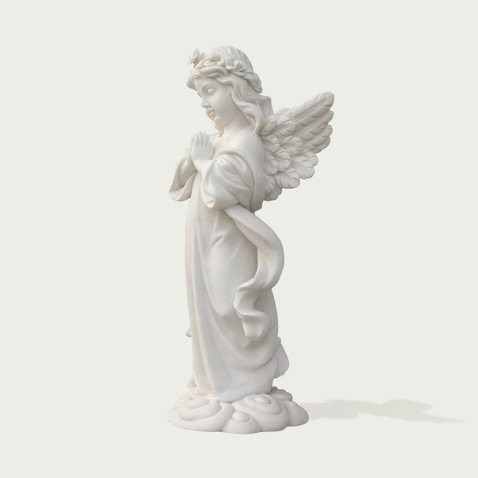 Standing Praying Child Angel Marble Statue on a light gray background