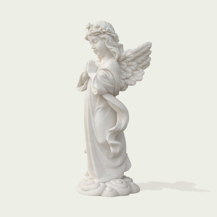 Standing Praying Child Angel Marble Statue on a light gray background
