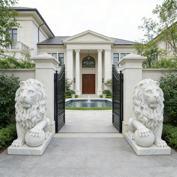 Classic Sitting Guardian Lion Marble Statue flanking a grand entrance with a mansion in the background
