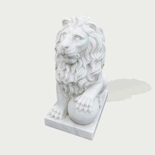 Classic Sitting Guardian Lion Marble Statue on a light grey background