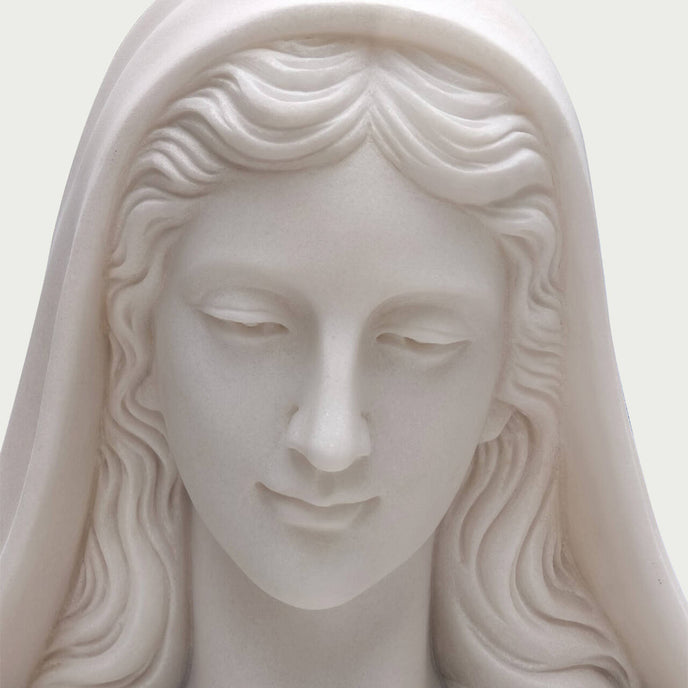 Mother Mary Our Lady Of Grace Marble Statue on a white background