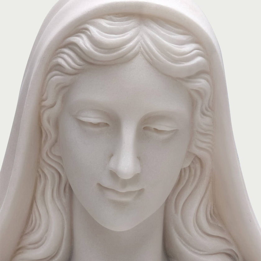 Mother Mary Our Lady Of Grace Marble Statue on a white background