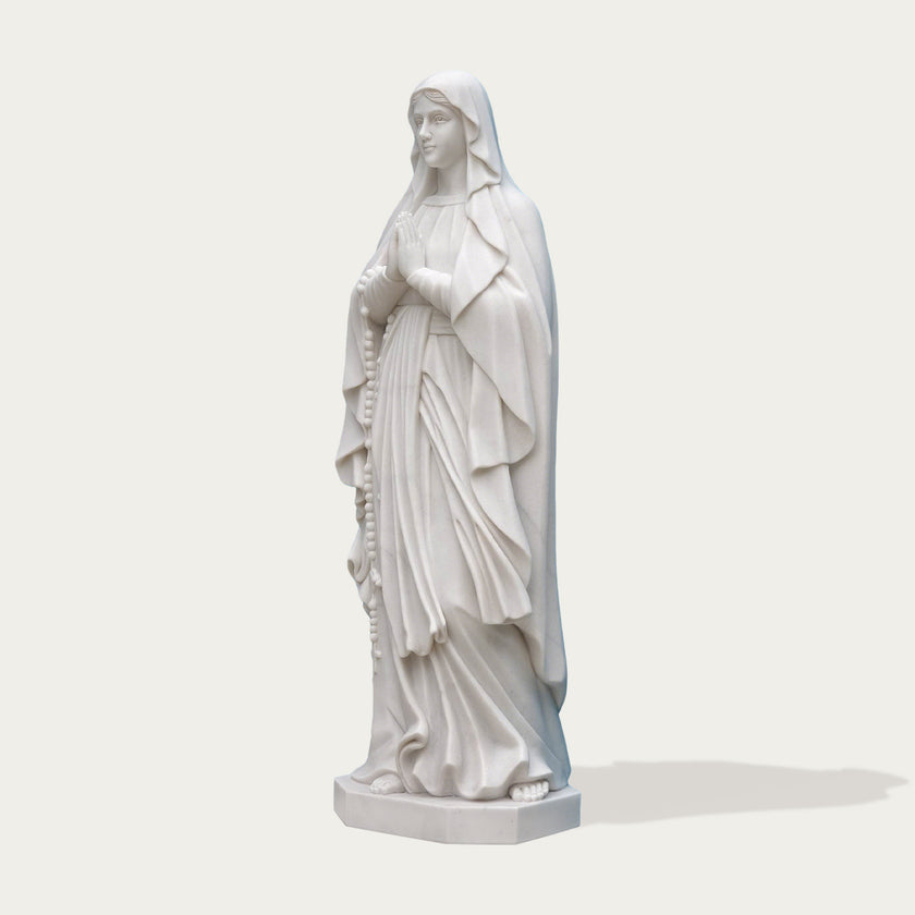 Graceful Our Lady of the Rosary Marble Statue  on a white background