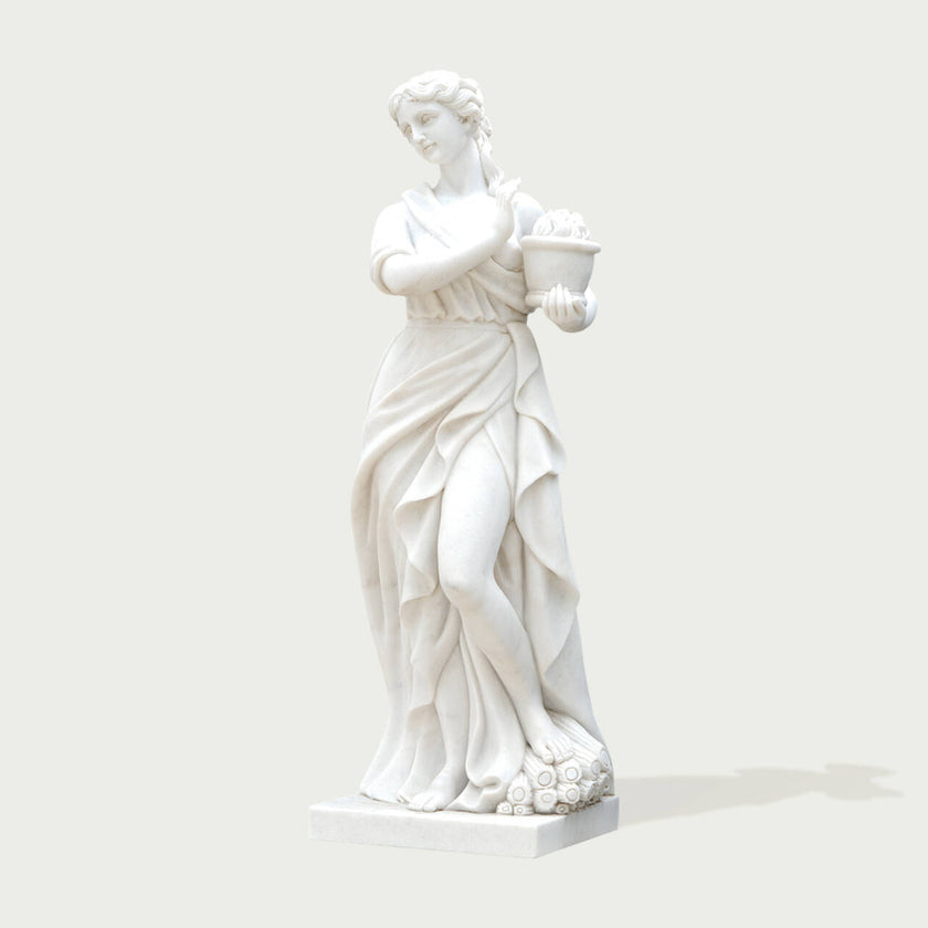 Classic Four Seasons Flora Marble Statue With Flower Basket on a white background.