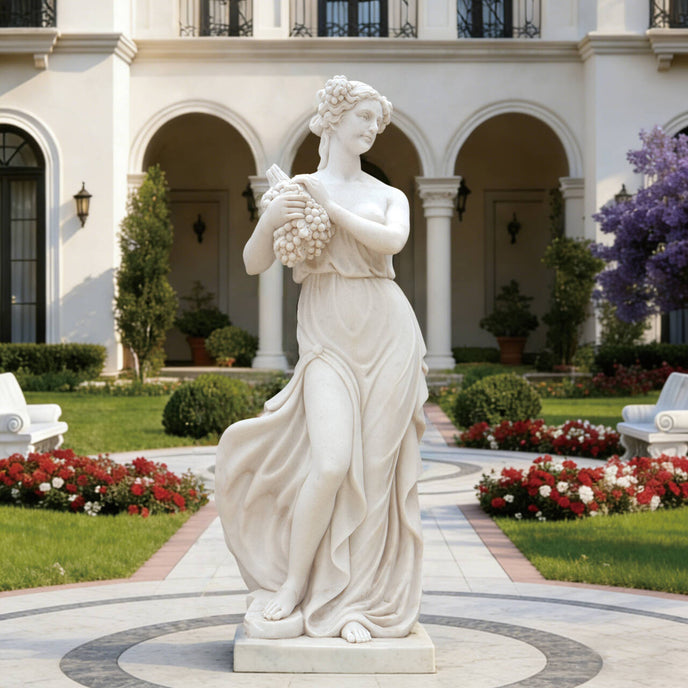 Elegant Autumnal Harvest Marble Statue With Grapes in Luxury Hotel with flowers surroundings. 
