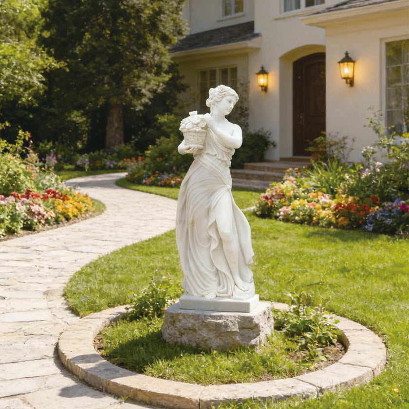 Classic Four Seasons Flora Marble Statue With Flower Basket in Private Estate Gardens