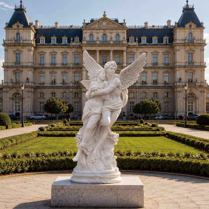 Mythological Love Cupid and Psyche Marble Statue in front of a grand building with a blue sky.