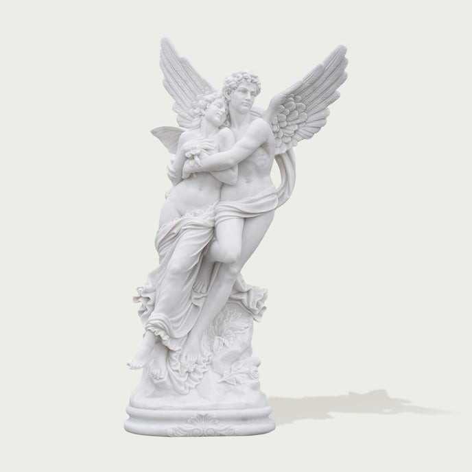 Mythological Love Cupid and Psyche Marble Statue on a white background