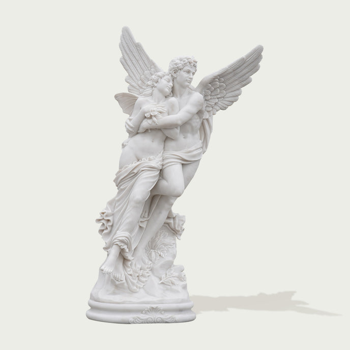 Mythological Love Cupid and Psyche Marble Statue on a light gray background