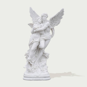 Mythological Love Cupid and Psyche Marble Statue on white background.