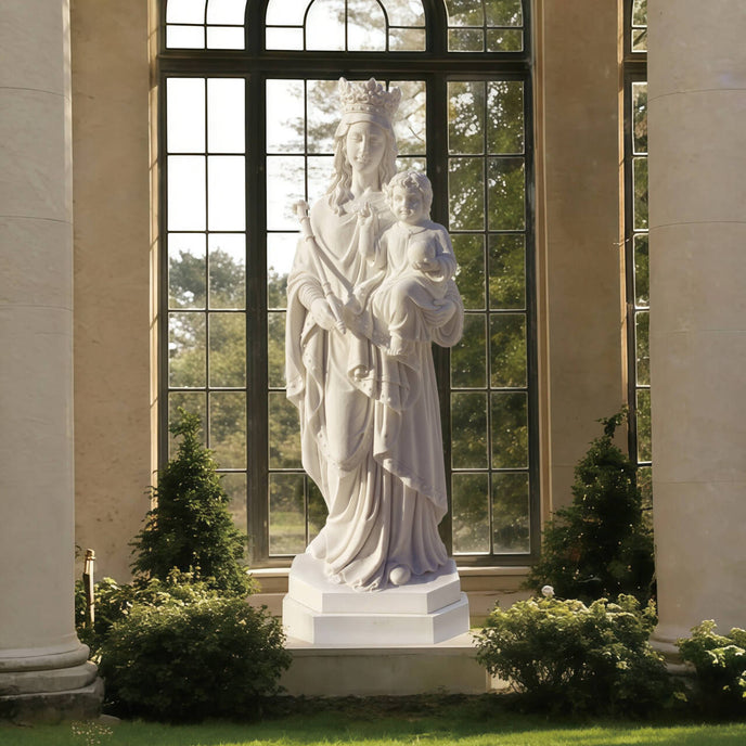 Serene Virgin Mary and Child Marble Sculpture  in a classical building with large windows