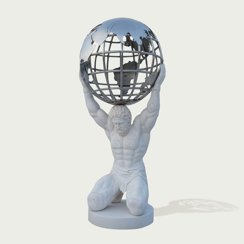 Majestic Atlas Holding Globe Marble Statue on a white background