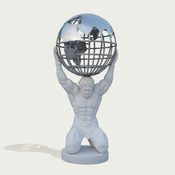 Majestic Atlas Holding Globe Marble Statue on a white background