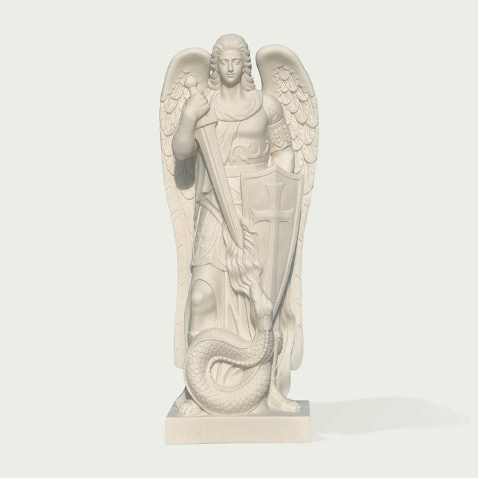 Commanding St. Michael the Archangel Marble Statue on a white background.