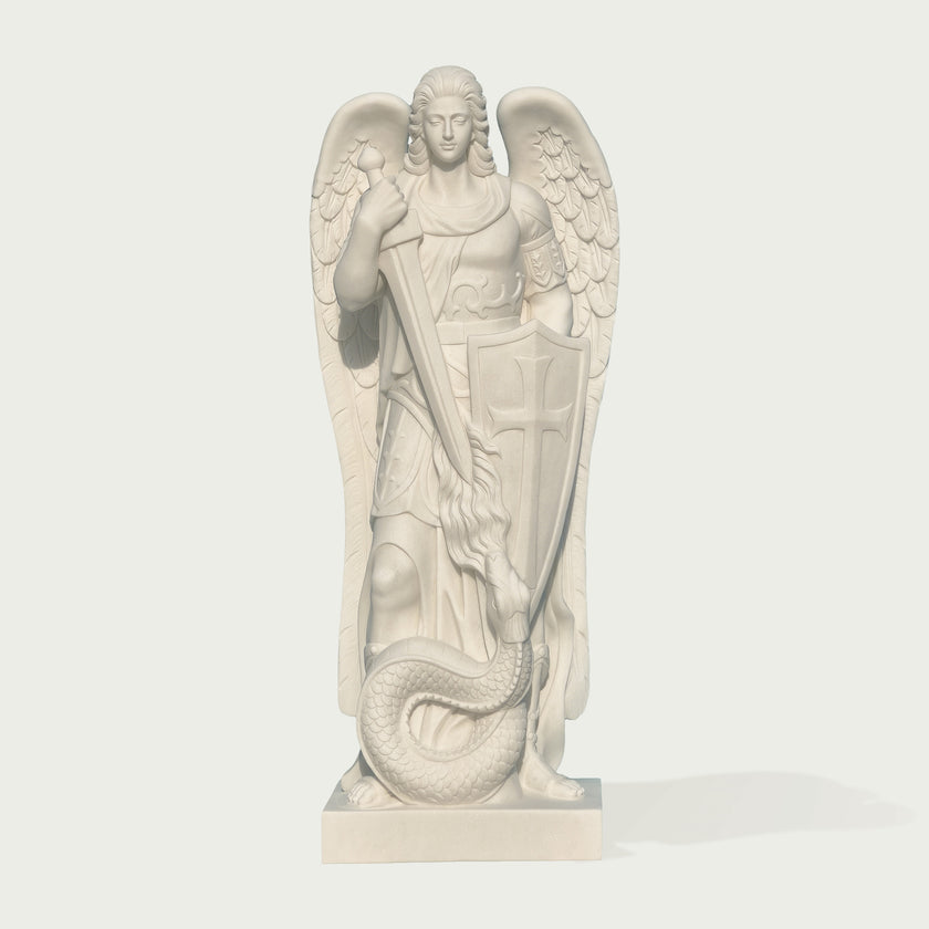 Commanding St. Michael the Archangel Marble Statue on a white background.