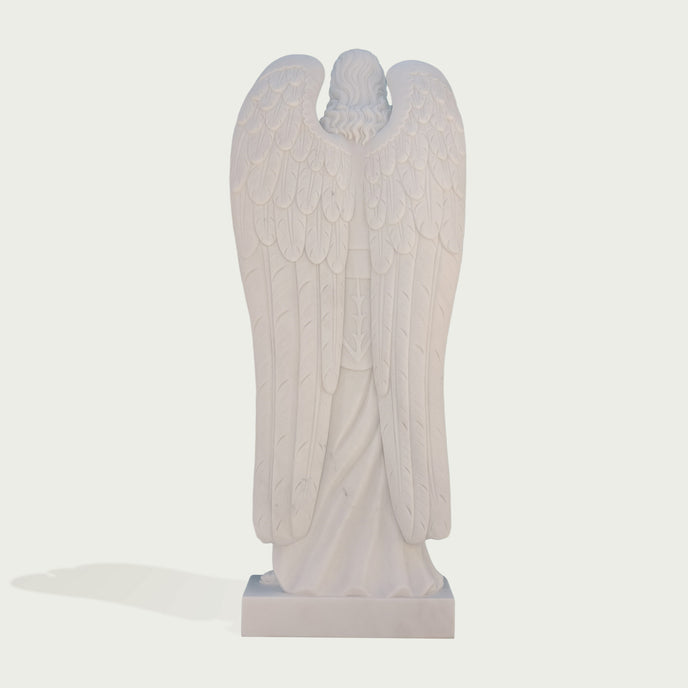 Commanding St. Michael the Archangel Marble Statue on a white background.
