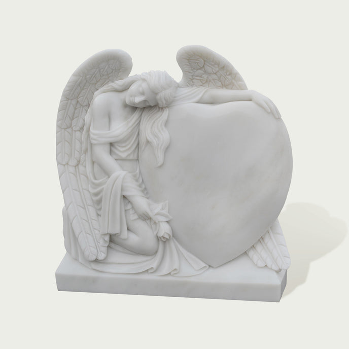 Natural White Marble Monument Angel's Embrace against a white background.