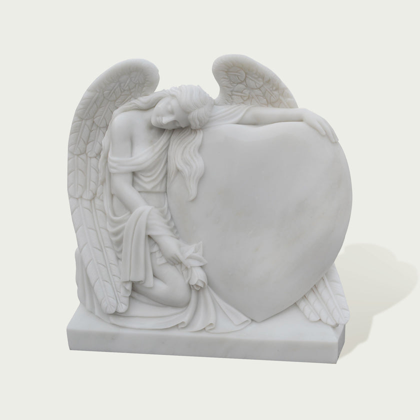 Natural White Marble Monument Angel's Embrace against a white background.