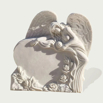 Natural White Marble Angel Statue Memorial Monument on a light gray background