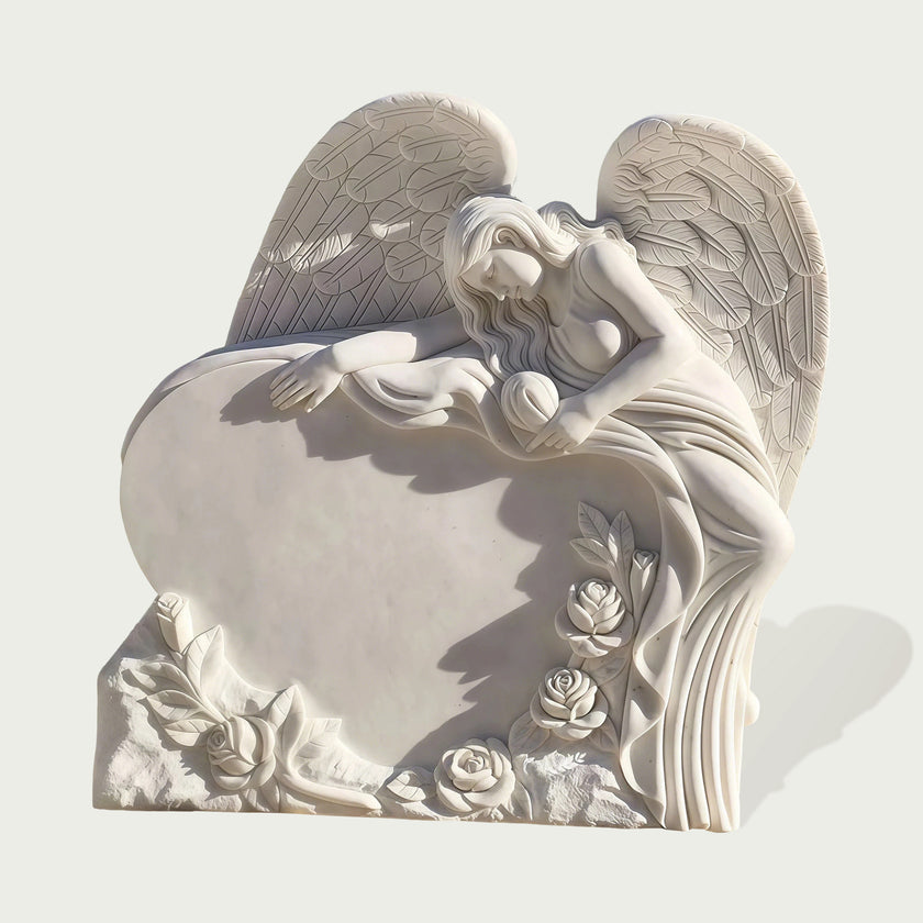 Natural White Marble Angel Statue Memorial Monument on a light gray background