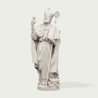 White marble statue of a religious figure on a white background