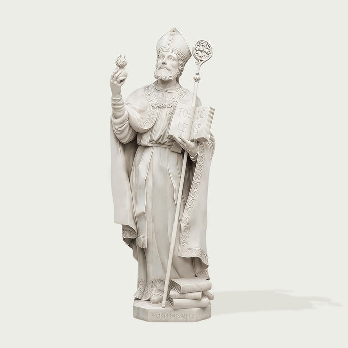 White marble statue of a religious figure on a white background