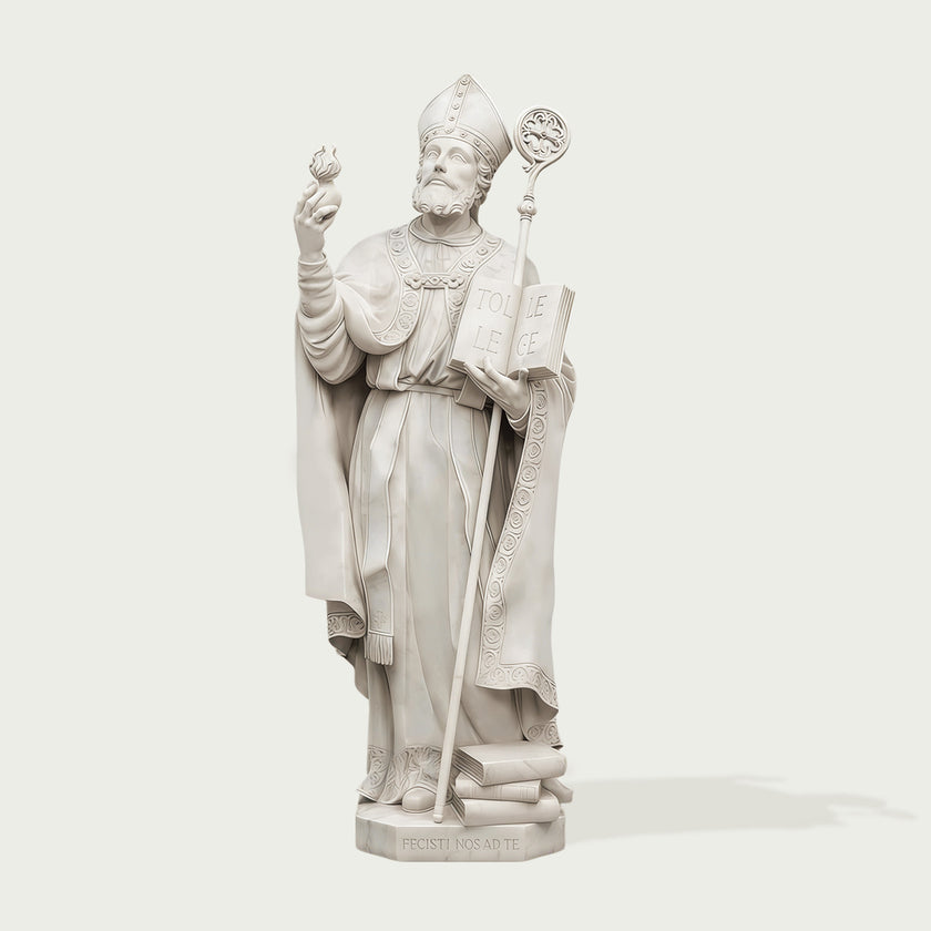 White marble statue of a religious figure on a white background