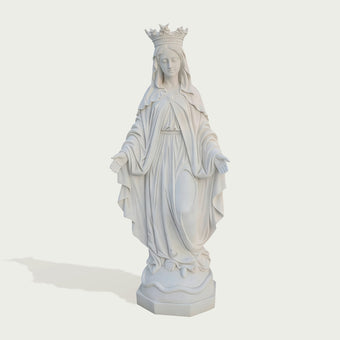 Crowned Our Lady of Grace White Marble Statue on a white background