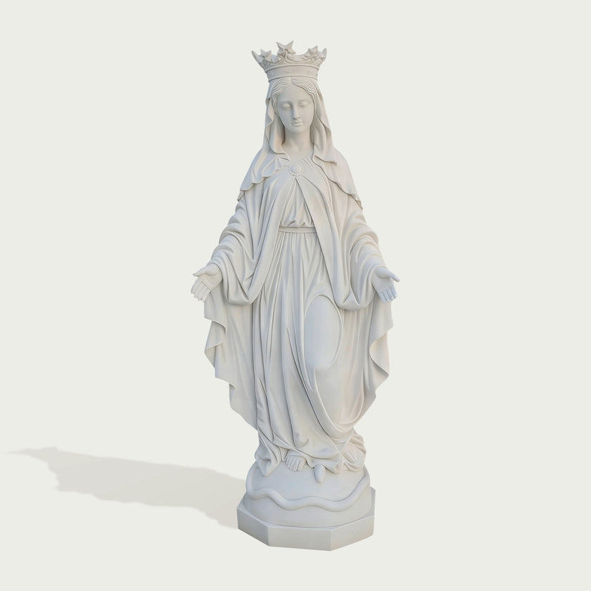 Crowned Our Lady of Grace White Marble Statue on a white background