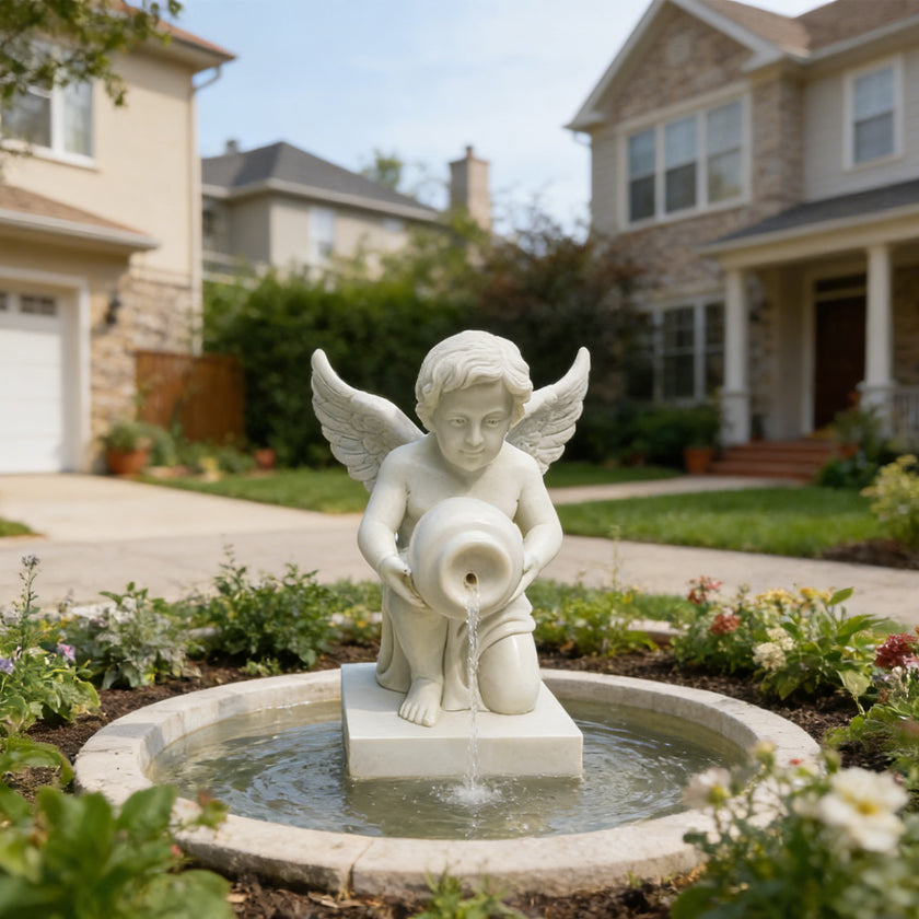 Outdoor Natural White Cupid Marble Fountain Statue in a garden fountain with houses in the background
