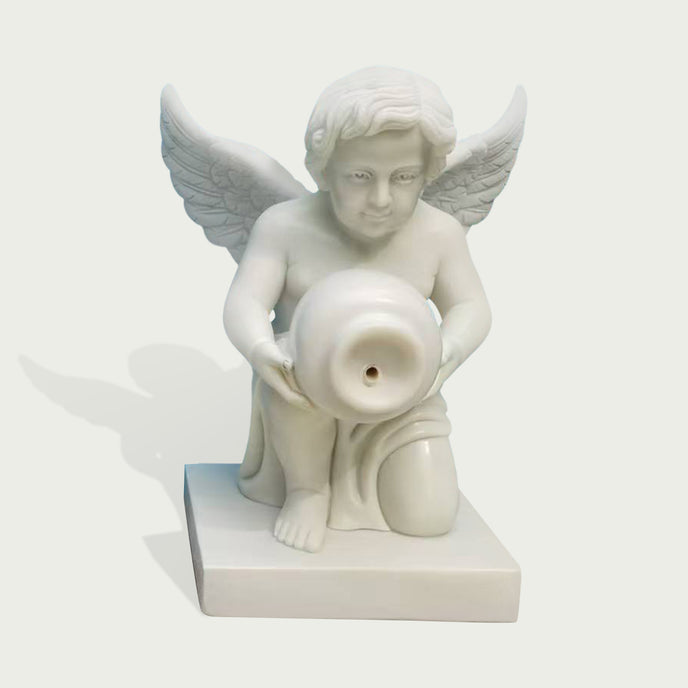 Outdoor Natural White Cupid Marble Fountain Statue on a white background