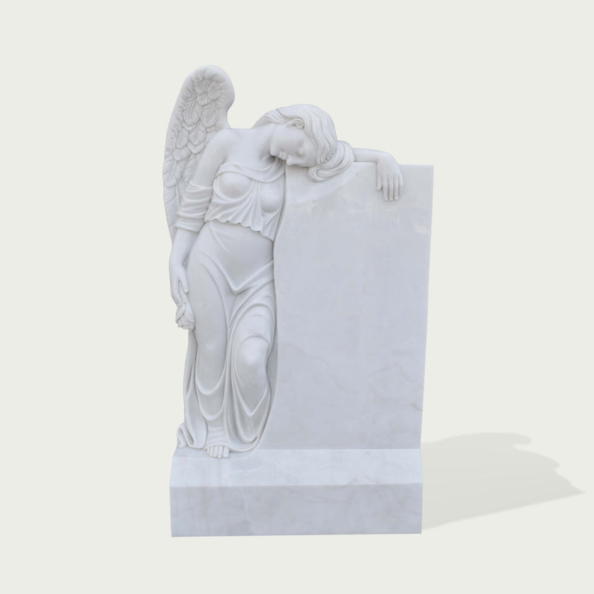 INFINITY Large Natural White Marble Weeping Angel Memorial Sculpture IM-038