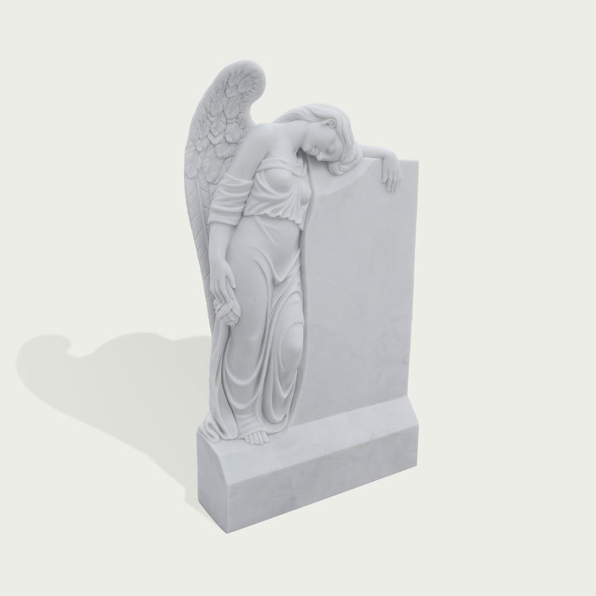 INFINITY Large Natural White Marble Weeping Angel Memorial Sculpture IM-038